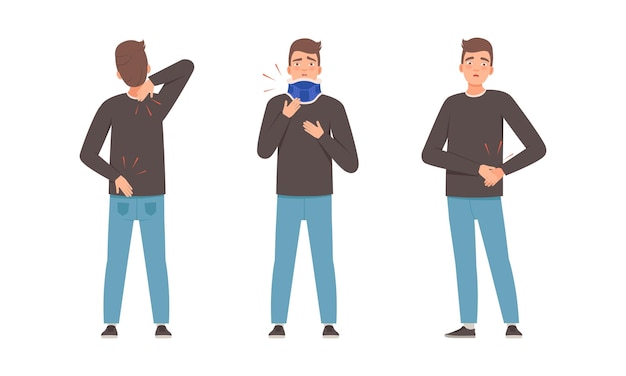 young man suffering from different pain feeling stitch in side and backache vector set