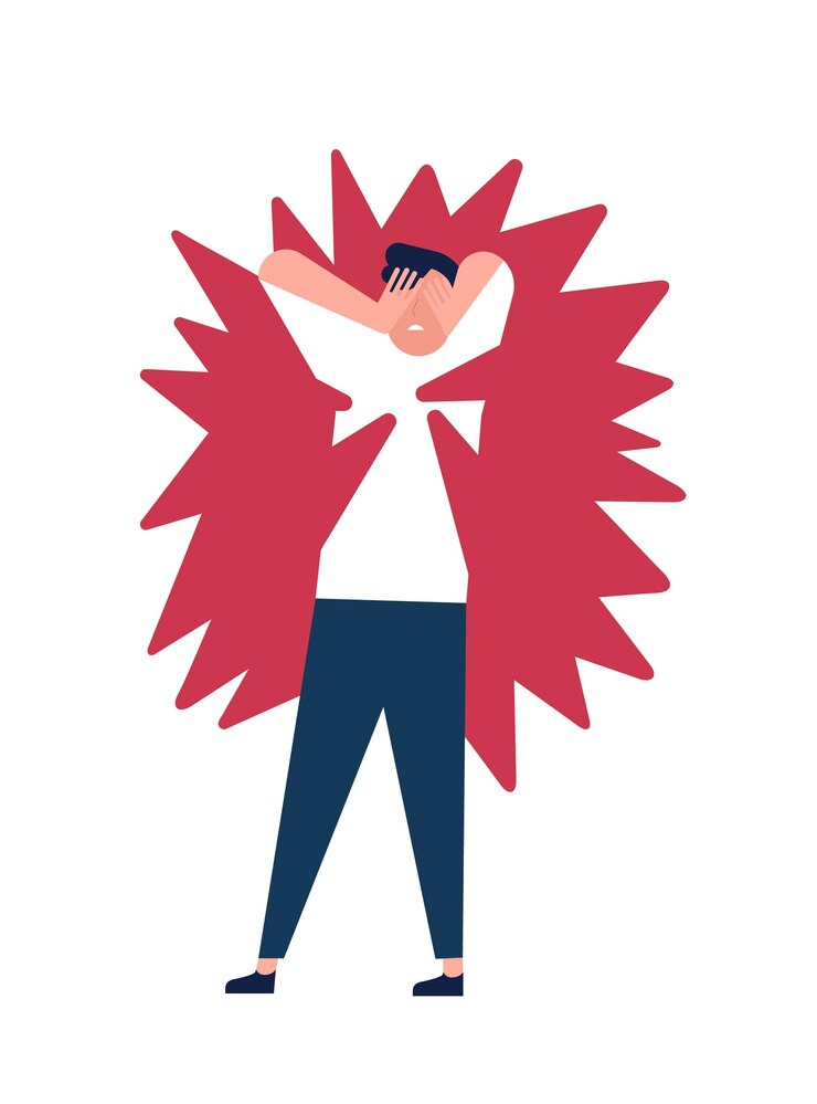 Vector 정신적 고통, 고통, 불안으로 고통받는 청년. 스트레스, 분노, 분노, 분노 또는 심리적 문제로 인한 과부하의 압박을 받는 불행한 남자. 플랫 만화 다채로운 벡터 일러스트 레이 션.