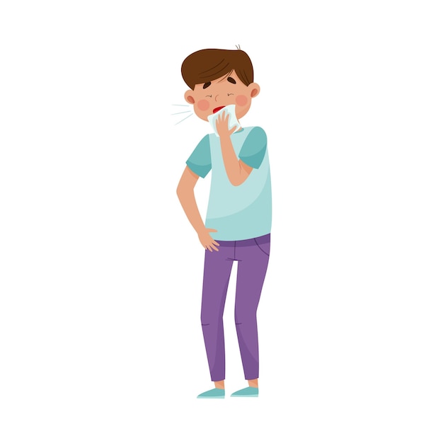 Young Man Suffering from Virus Symptom Like Sneezing Vector Illustration