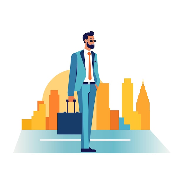 Vector young man in a suit and briefcase urban landscape vector illustration