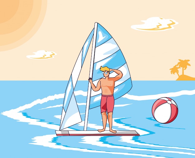 海の夏のシーンでサーフボードの若い男