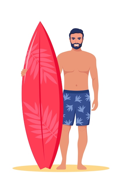 Молодой человек-серфер с доской для серфинга стоит на пляже Улыбающийся серфер-парень Векторная иллюстрация