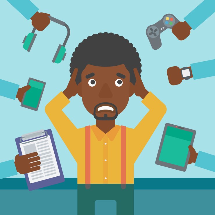 Vector young man surrounded with his gadgets.