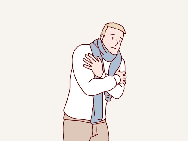 Young man in sweater and scarf shivering from cold feel sick simple korean style illustration