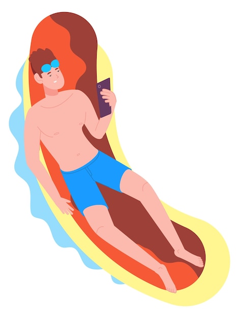 Vector young man on swimming bed summer vacation character