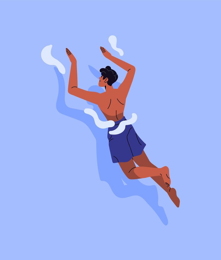 Vector young man in swimwear is swimming in ocean at summer vacation top view happy boy is floating in pool in sea resort on holidays tanned swimmer has fun in water flat isolated vector illustration