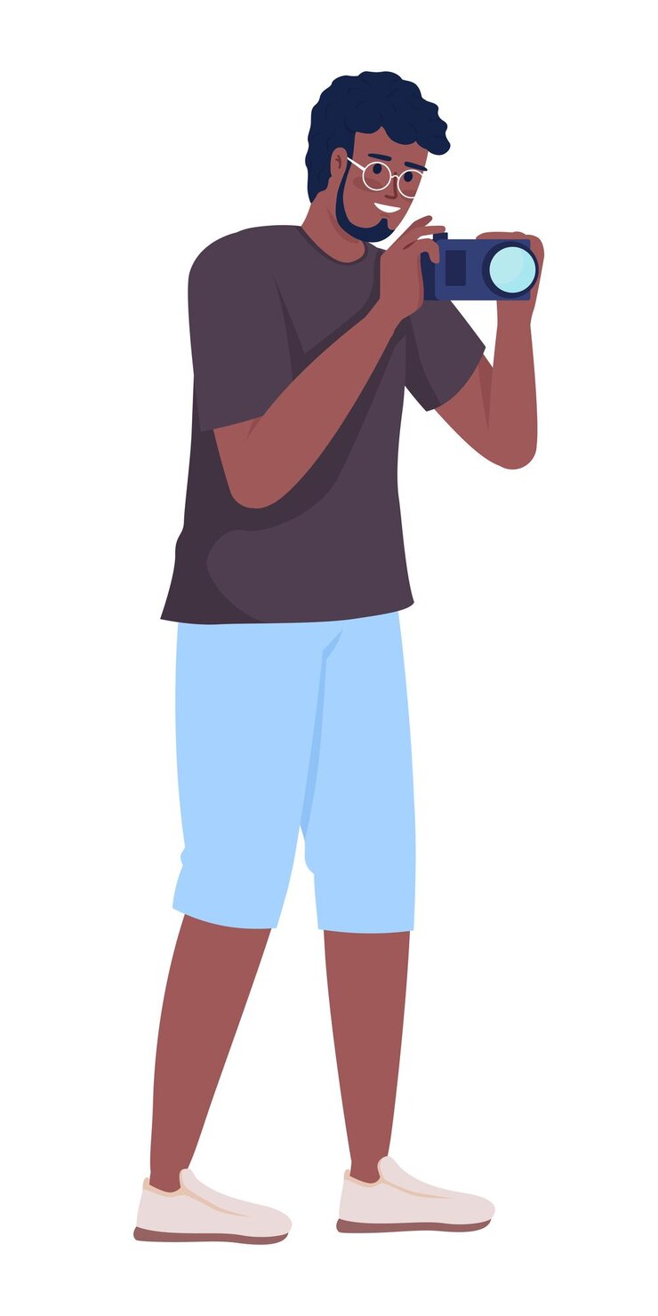 Vector young man taking pictures during trip semi flat color vector character