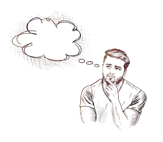 Young man thinking of a thought bubble on white background hand drawn sketch vector illustration