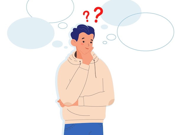 Vector young man thinks man with question marks and with blank speech bubbles