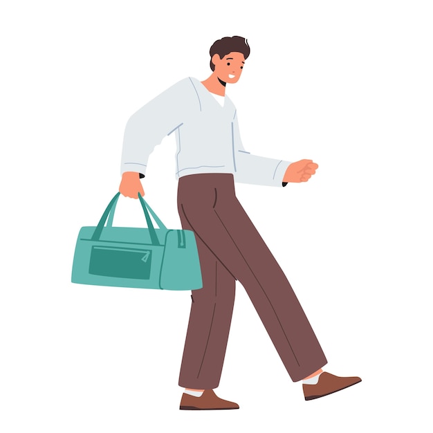 young man tourist character walking with bag isolated on white background concept of business trip summer escape