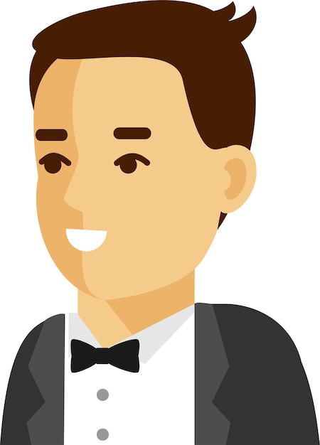 Молодой человек в фраке смокинга с галстуком-бабочкой Икона лица аватара в плоском стиле