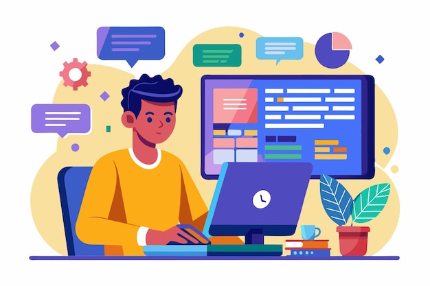 Premium Vector | A young man types code on his desktop computer ...