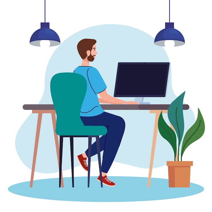 Vector young man using computer in desk, working online illustration