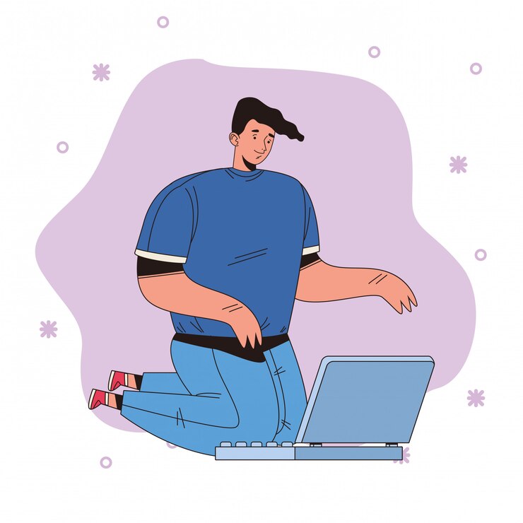 Vector young man using laptop avatar character