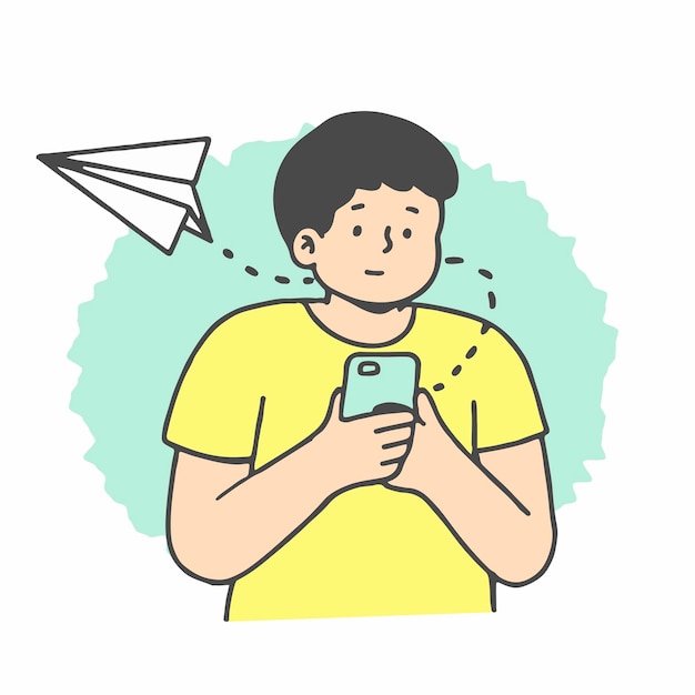 Young man using mobile phone app for chatting online and texting messages. Outline doodle vector.