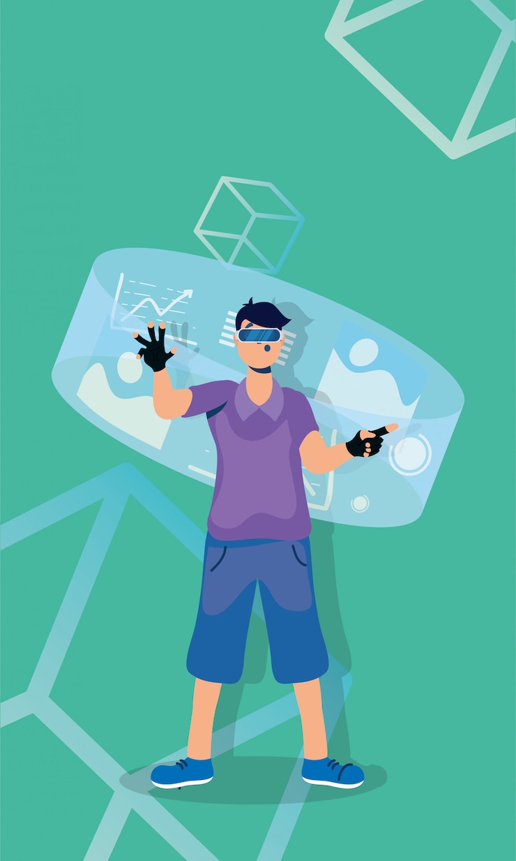 Vector young man using reality virtual tech in interactive display