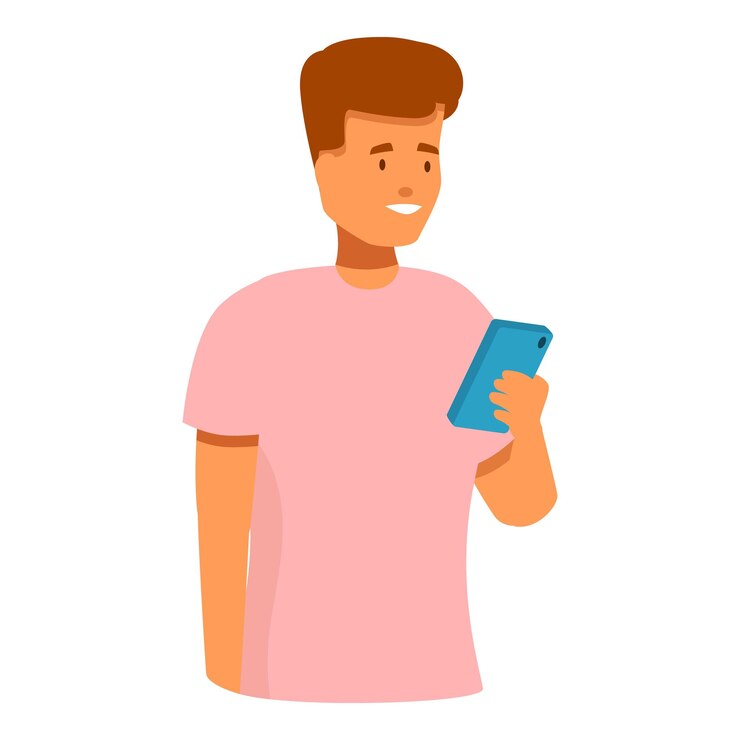 Вектор молодой человек с смартфоном читает хорошие новости или играет в мобильную игру