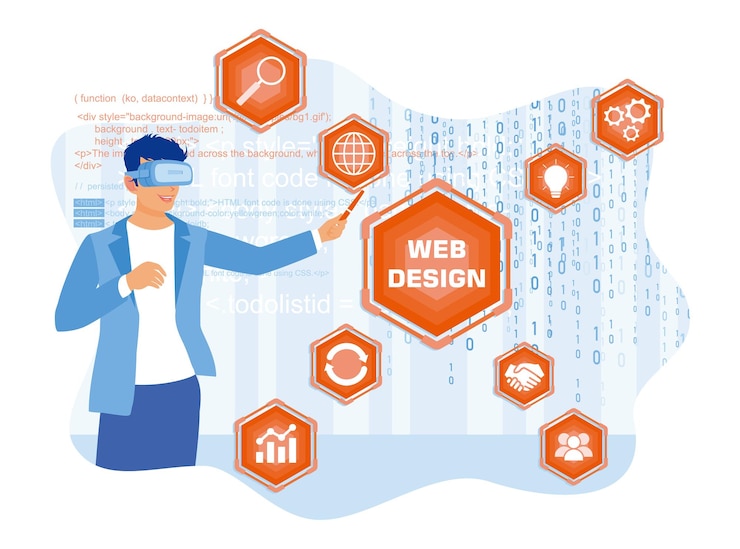 Vector young man using virtual glasses developing internet and network technology web design concept