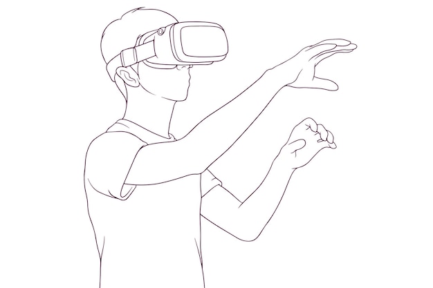 Young man using virtual reality headset hand drawn style vector illustration