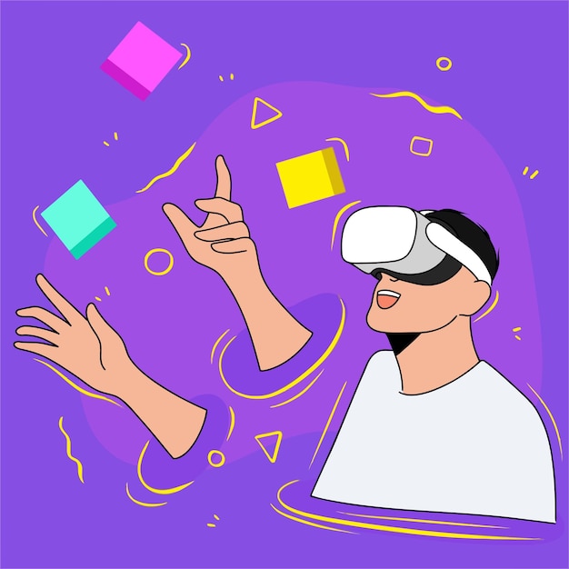 Молодой человек, использующий очки виртуальной реальности, чтобы открыть для себя метавселенную