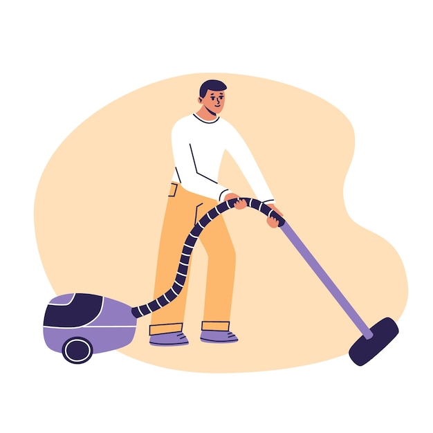 Young man vaccuuming home House husband cleaning with vaccuum cleaner Flat cartoon vector illustrtion trendy colors isolated on white background