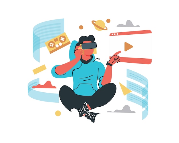 Young man in virtual reality glasses Vector digital native illustration concept