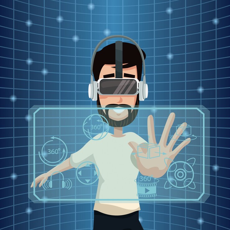 Vector young man virtual reality wearing goggle smart tehcnology 