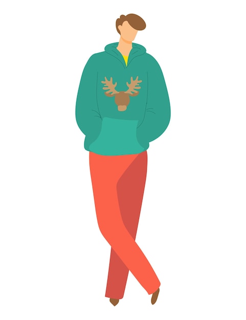 Young man walking casually wearing a hoodie with reindeer design modern casual outfit winter fashion
