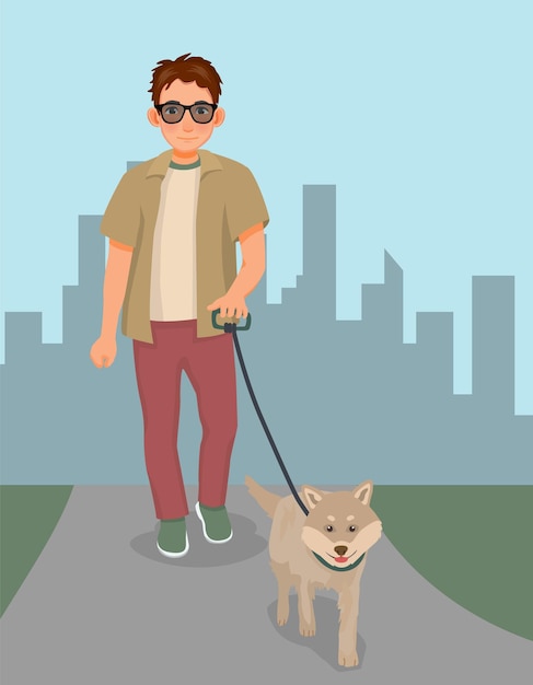 Vector young man walking dog in the park