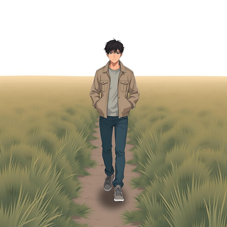 Vector a young man walking on a narrow path surrounded by plain grass fields