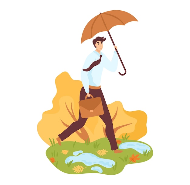 Vector young man walking umbrella avoiding puddles autumn day scenario businessman briefcase rainy fall