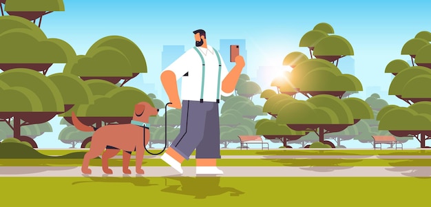 Vector young man walking with dog in urban park male owner and cute domestic animal friendship with pet concept