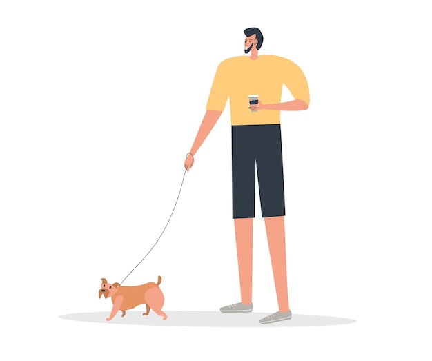 Young man walking with his cute little dog Happy pet owner Flat people vector illustration