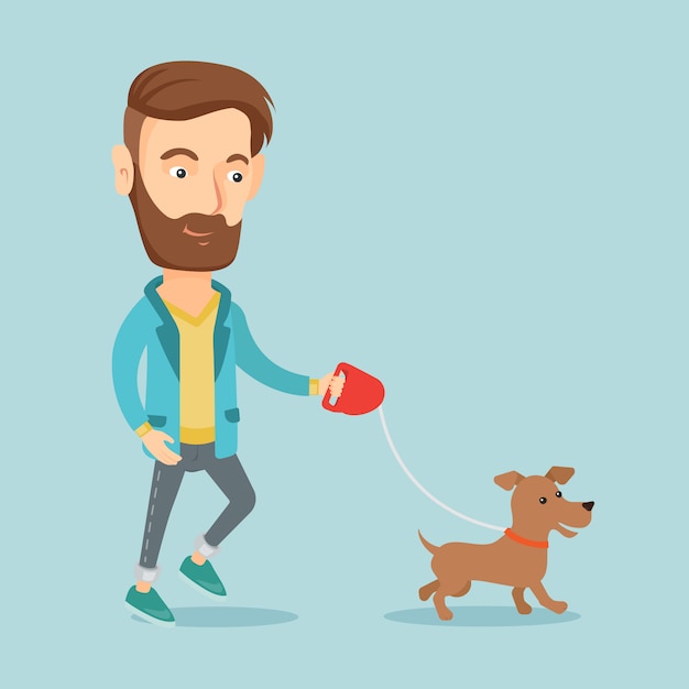 Young man walking with his dog.