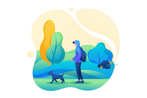 Vector young man walks with a dog with a mask on his face during an epidemic. flat 2d character. concept for web design.