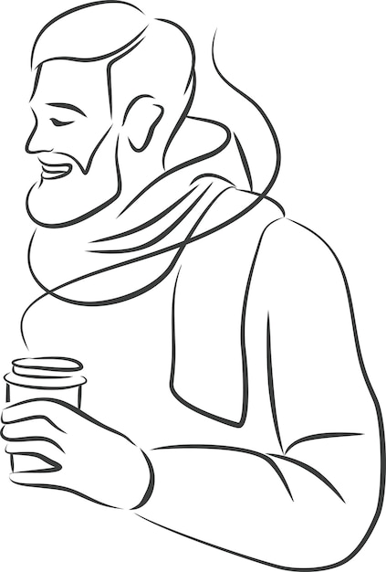 Young man in warm clothes holding paper cup with hot coffee or mulled wine in his hands