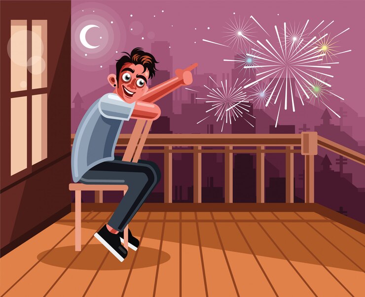 Vector young man watching fireworks at home