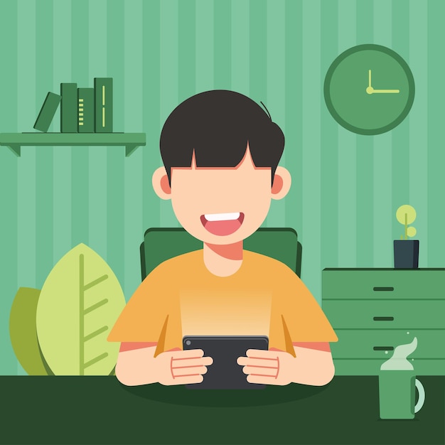 Young man watching using tablet flat cartoon vector illustration