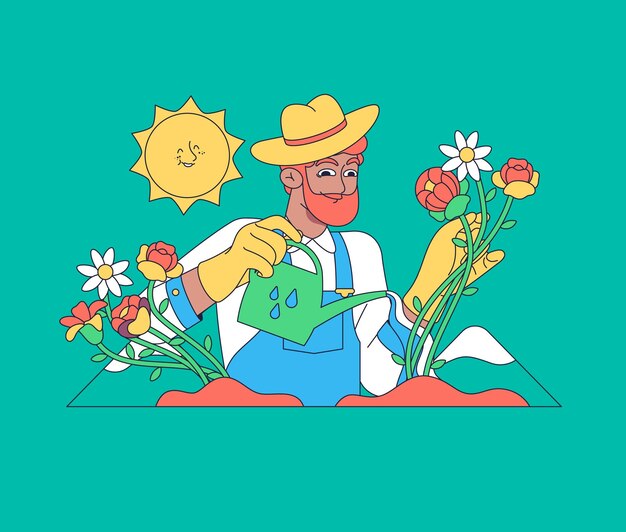 Vector young man watering plants in the garden