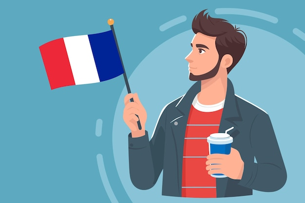 Vector young man waving french flag side view flat design