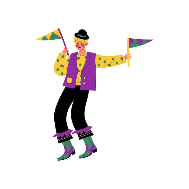 Young Man Wearing Bright Traditional Mardi Gras Costume Guy Celebrating Carnival Party with Flags Vector Illustration on White Background