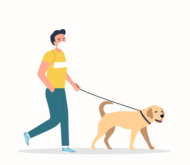 Giovane che indossa maschere per il viso che cammina con un cane isolato. illustrazione di stile piatto vettoriale