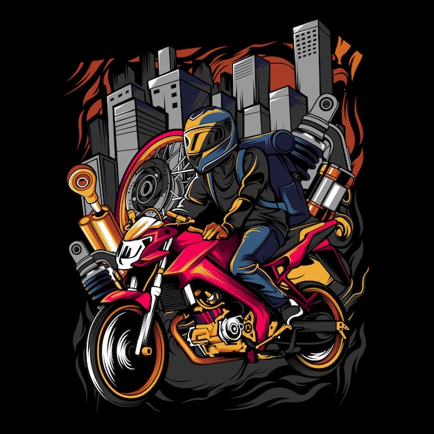 Vector young man wearing a helmet riding a motorcycle in the middle of the city