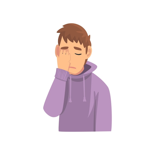 Young Man Wearing Hoodie Covering His Face with Hand Guy Making Facepalm Gesture Shame Headache Disappointment Negative Emotion Vector Illustration on White Background