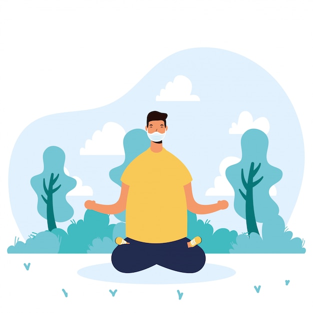 Vector young man wearing medical mask practicing yoga