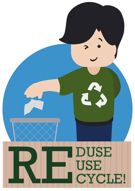 Young man wearing a shirt with recycle arrows symbol doing a proper trash sorting in Recycling Day