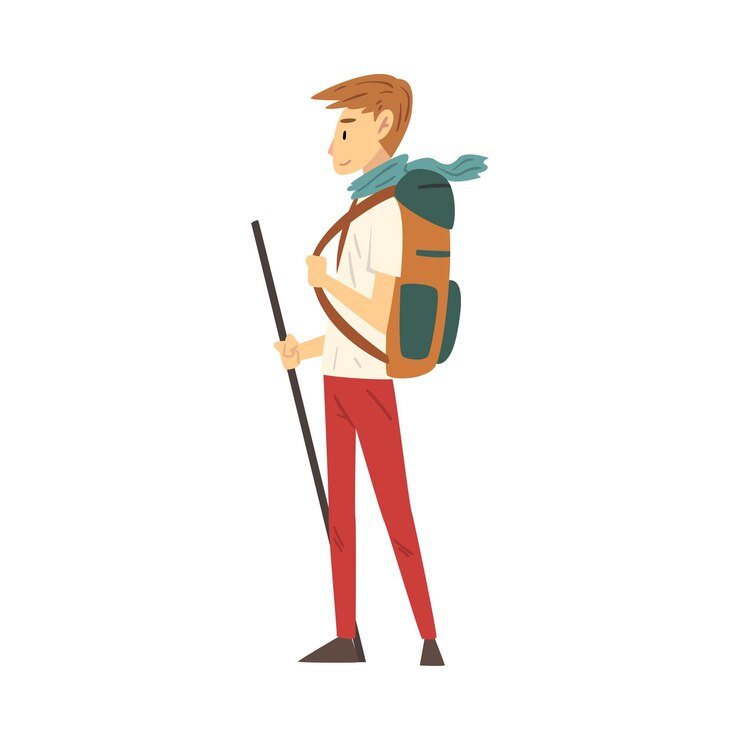 Vector young man wearing sportive clothes standing with hiking backpack on the road vector illustration