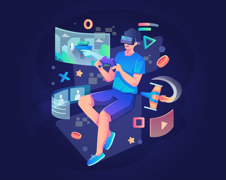 Vector a young man wearing a vr headset and holding a gamepad floating is playing a video game illustration