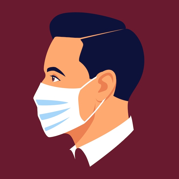 Young man wears medical mask. Avatar male portrait, profile face. illustration in flat style.