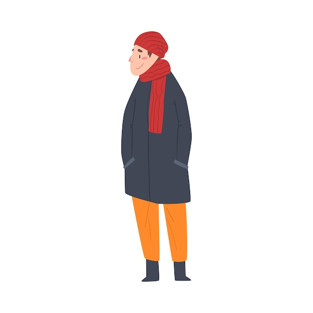 Young Man in Winter Clothing Standing with Hands in His Pockets Vector Illustration